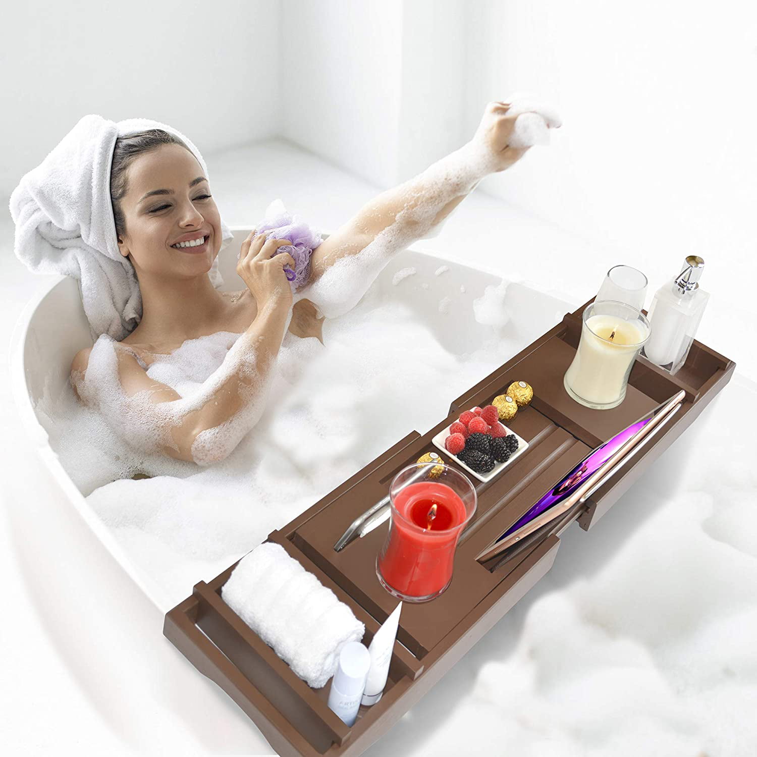 Details about    Royal Luxury Bamboo Bathtub Caddy Tray Free Soap Holder Brown Best Quality 