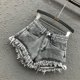 thumbnail image 5 of Pantalones cortos femeninos con borde crudo, corte en A, pantalones cortos vaqueros sexys Spice Girl, novedad de verano 2023, pantalones de pierna ancha a la moda, pantalones calientes para mujer, 5 of 5