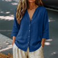 thumbnail image 3 of Stralyhd 3/4 Length Sleeve Womens Tops 2026 Summer Button Down Shirts Dressy Casual V Neck Tops Loose Fit Travel Vacation Henley Blouse Blue XL, 3 of 4