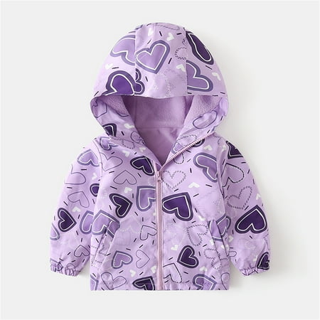 

2-6 T Toddler Little Girls Boys Coats Windbreaker Jacket with Hood Kids Cute Print Rocker Fleece Waterproof Warm Thicken Coat Outerwear Light Purple Heart 5 Years