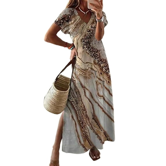 Uhndy Women Maxi Dresses Loose Vacation Dress Floral Print Short Sleeve Maxi Dresses Summer Boho Beach Split Sundress-LQ