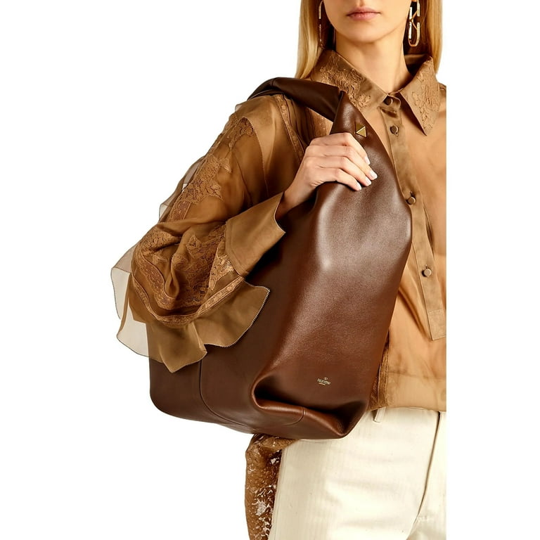 Valentino Garavani Roman Stud Twisted Brown Leather Shoulder Bag