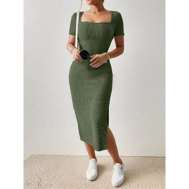 Vestido veraniego de cuello cuadrado, falda de longitud media que se adapta a la cadera, manga corta, abertura de punto versátil