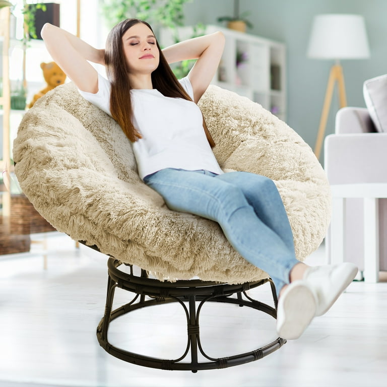 BYBYME Papasan Chair Cushion with Long Faux Fur Cover (Without Chair),  48X48 Inch Supportive Cushion, Fluffy and Furry Papasan Cushion Cover, White  
