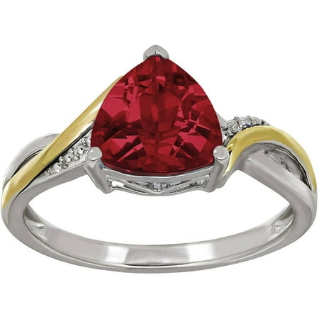 Duet Created Ruby Sterling Silver with 10kt Yellow Gold Trillion-Cut Ring, Size 7