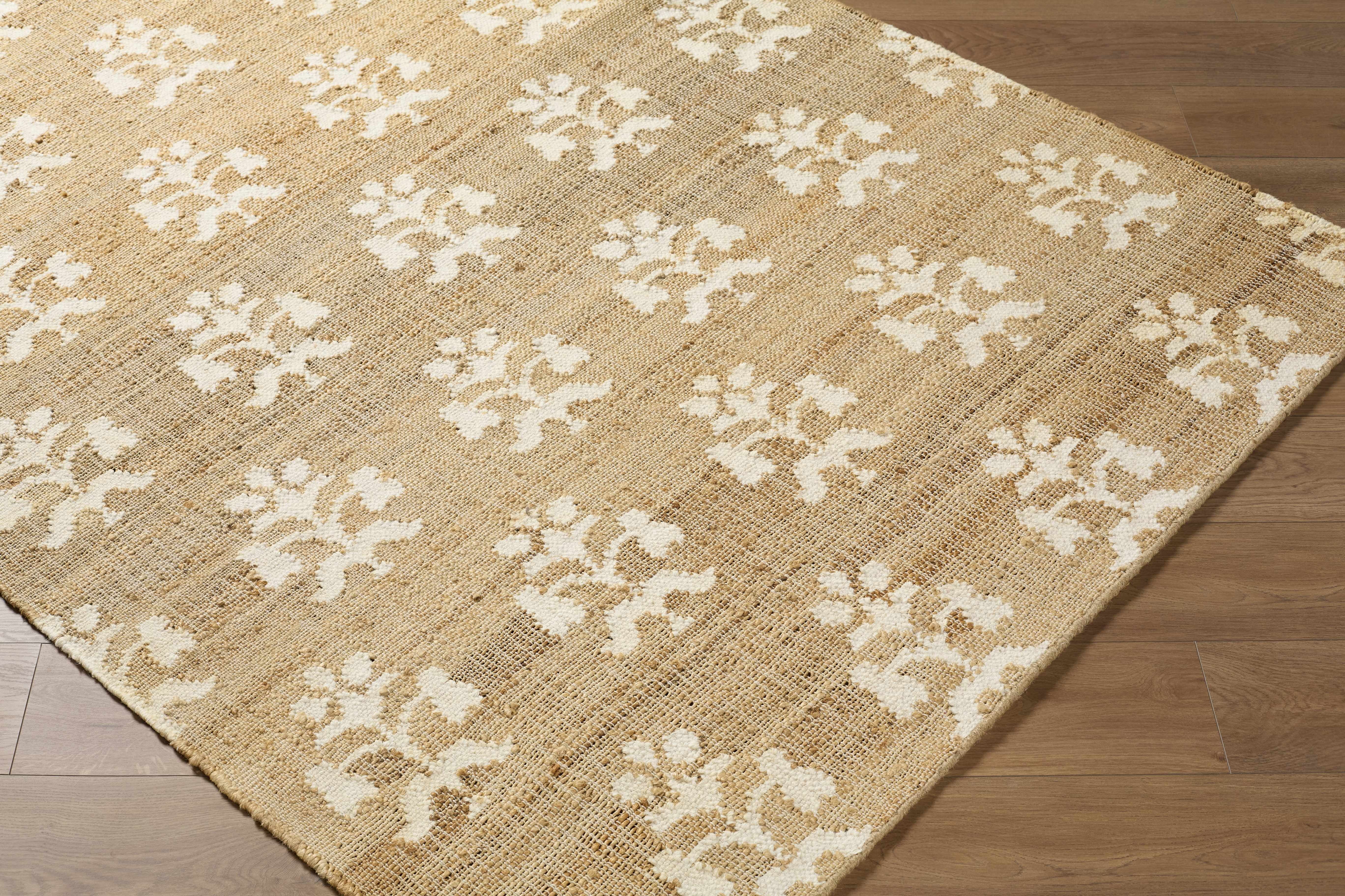 Hauteloom Albina Boho Hand Woven Wool and Jute Blend Natural Fiber Soft Area Rug - Traditional Floral Carpet for Living Room, Bedroom, Dining Room - Natural, Ivory, Beige - 5' x 7'6" (5x7)