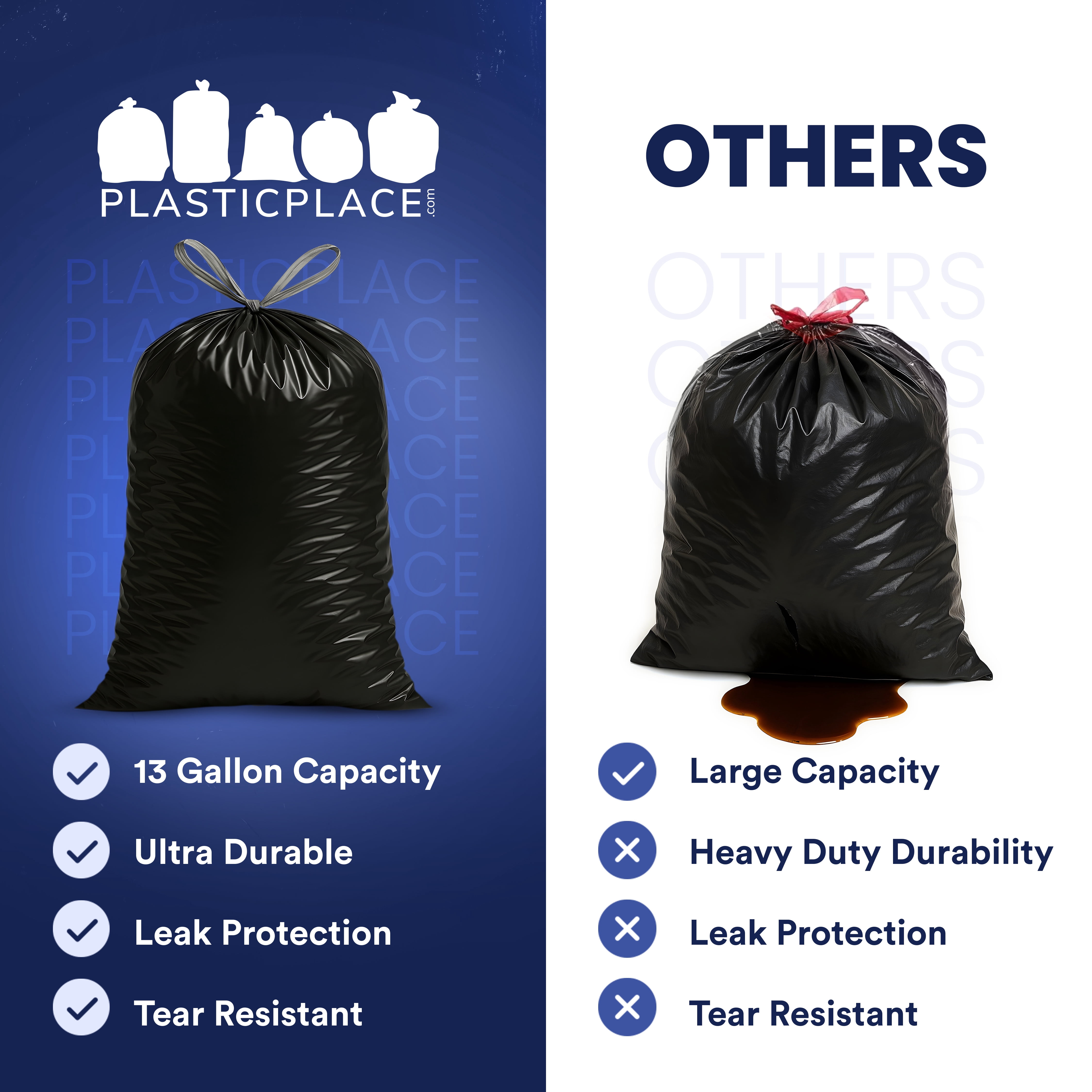 Plasticplace 13 Gallon Extra Tall Drawstring Kitchen Trash Bags | Black 1.2 Mil, 24"W x 31"H (200 Count)