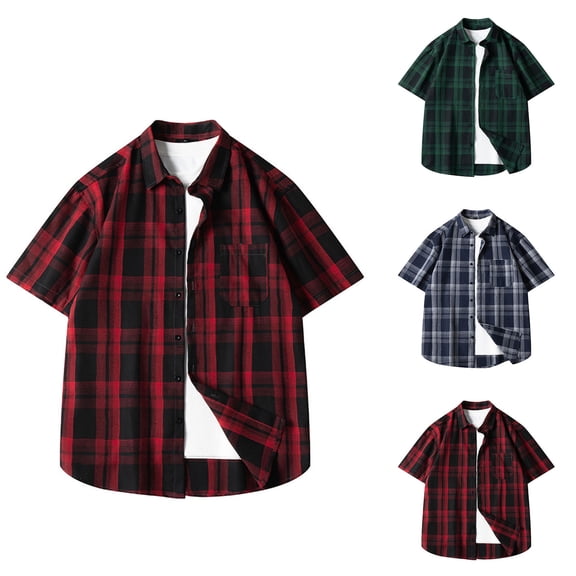 Goodtrade8 Pockets Shirts for Men Short Sleeve Work Dress Shirts Button down Polo Collar Casual Summer Plaid Gift for Men Mens T-Shirts Vintage