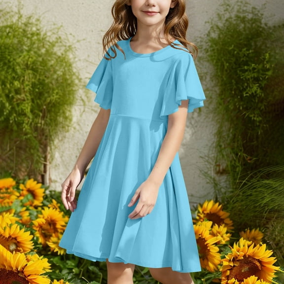 Delliss Girls' Summer Solid Color Butterfly Sleeve Swing A Line Flowy Crew Neck Midi Dress 4-13 Years