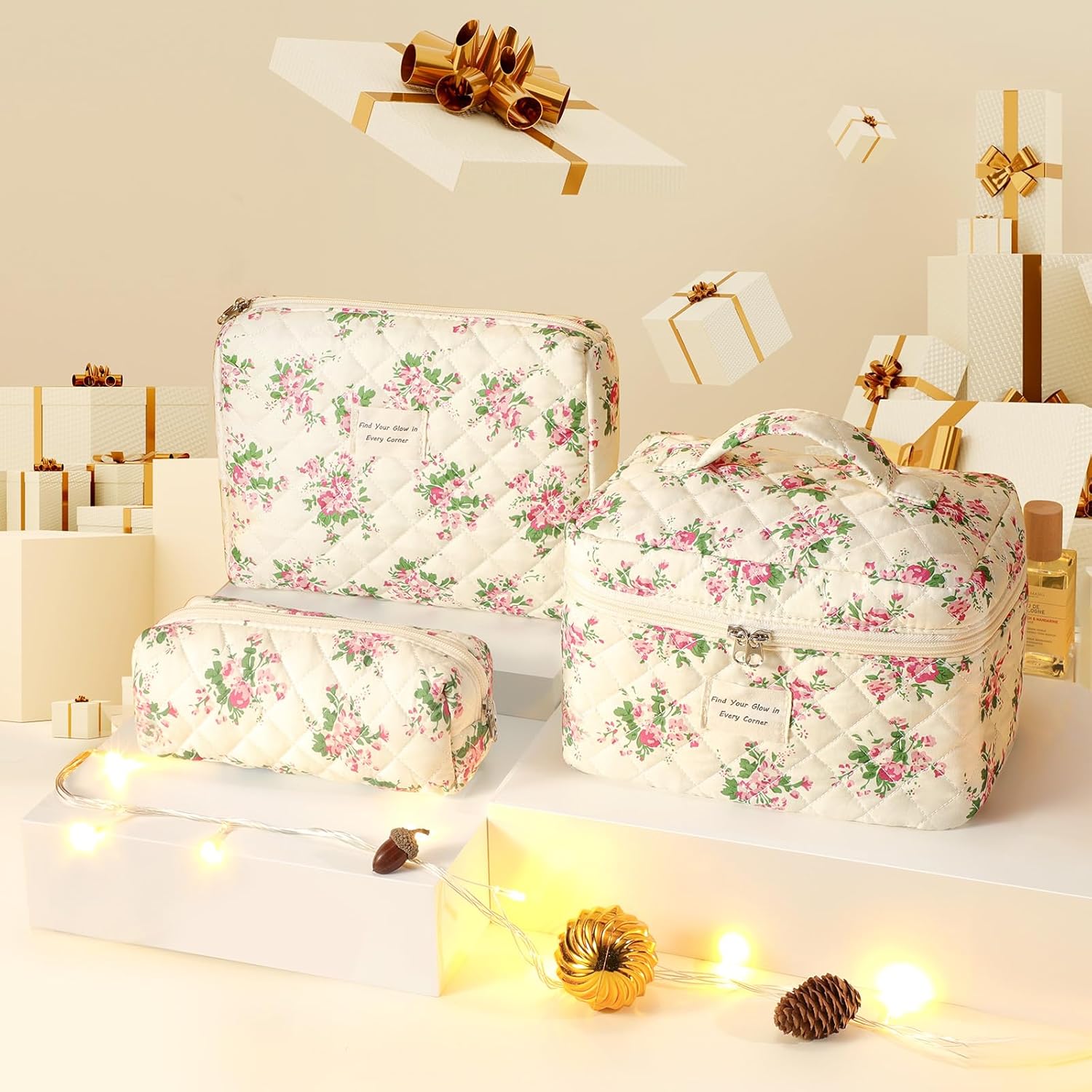 Delamu 3-Piece Quilted Floral Makeup Bag Set photo 7