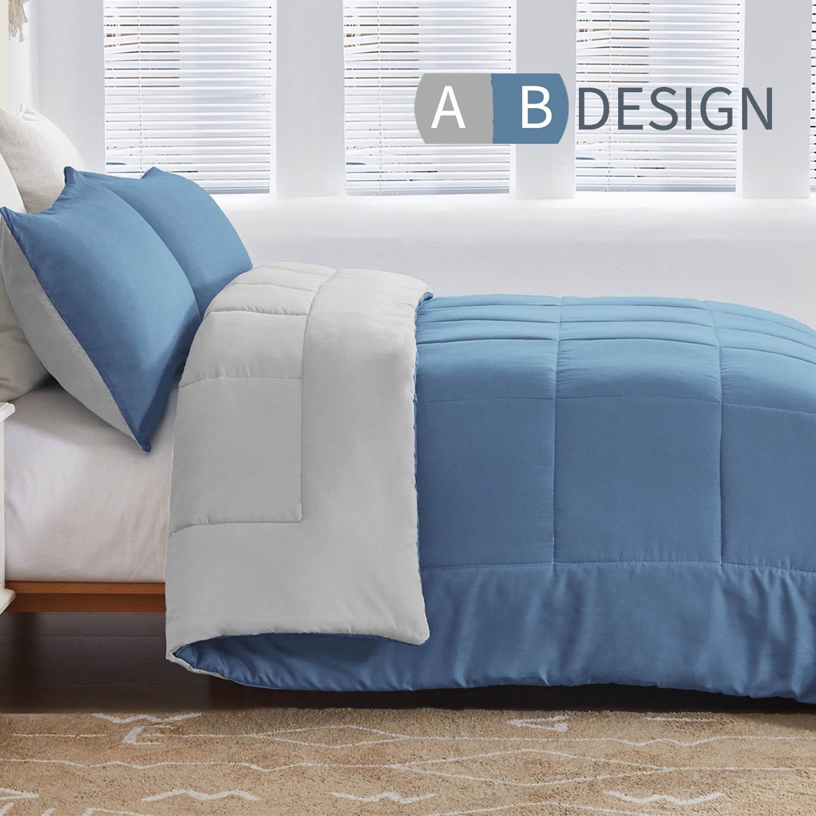 Exclusivo Mezcla Lightweight Reversible 3-Piece Comforter Set All Seasons, Down Alternative Comforter with 2 Pillow Shams, Queen Size, Bluish Grey/Light Grey