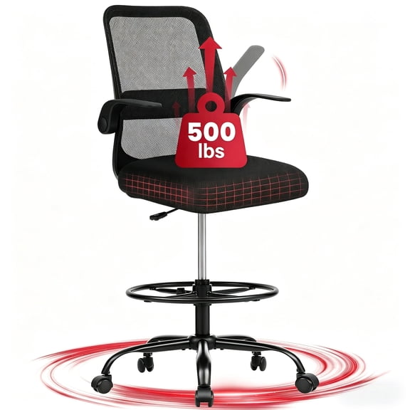 JONPONY 500lbs Tall Office Chair, ergonomic office chairs with Comfy Thicken Cushion, Adjustable Lumbar Support & Footrest Ring and Flip-Up Arms, Breathable Mesh Standing tall Desk Chair, Black