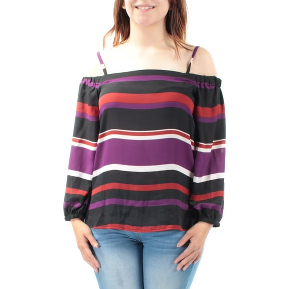 INC Womens Black Striped Long Sleeve Off Shoulder Crop Top Top Size: S