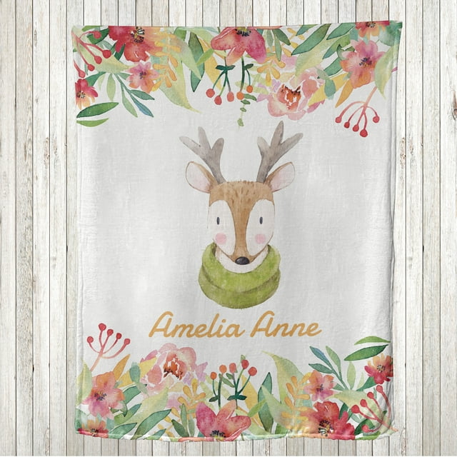Deer Throw Blanket, Bohemian Woodland Animal in Scarf with Blossoming Spring Flowers, Flannel Fleece Accent with Personalized Name Photo Backdrop, 80" x 60", Apple Green Almond and Coral, by Ambesonne