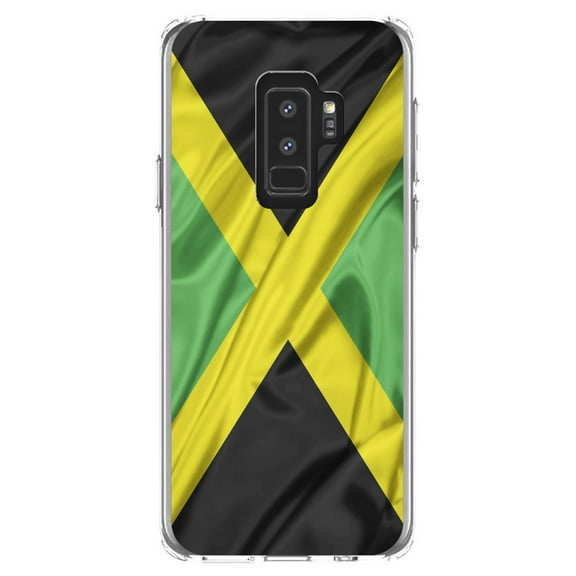 DistinctInk Clear Shockproof Hybrid Case for Samsung Galaxy S9  PLUS (6.2" Screen) - TPU Bumper, Acrylic Back, Tempered Glass Screen Protector - Jamaica Waving Flag Black Green Yellow - Jamaica