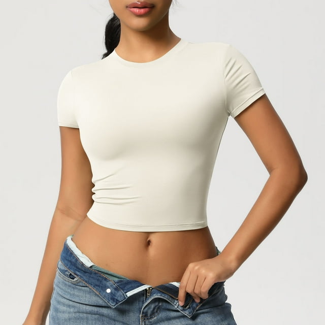 mfyjkho Tops Para Mujer, Blusas Casuales De Moda Para Mujer, De Color Sólido, Deportivas, De Yoga, De Secado Rápido, De Manga Corta Y Cuello Redondo Tops Para Mujer M