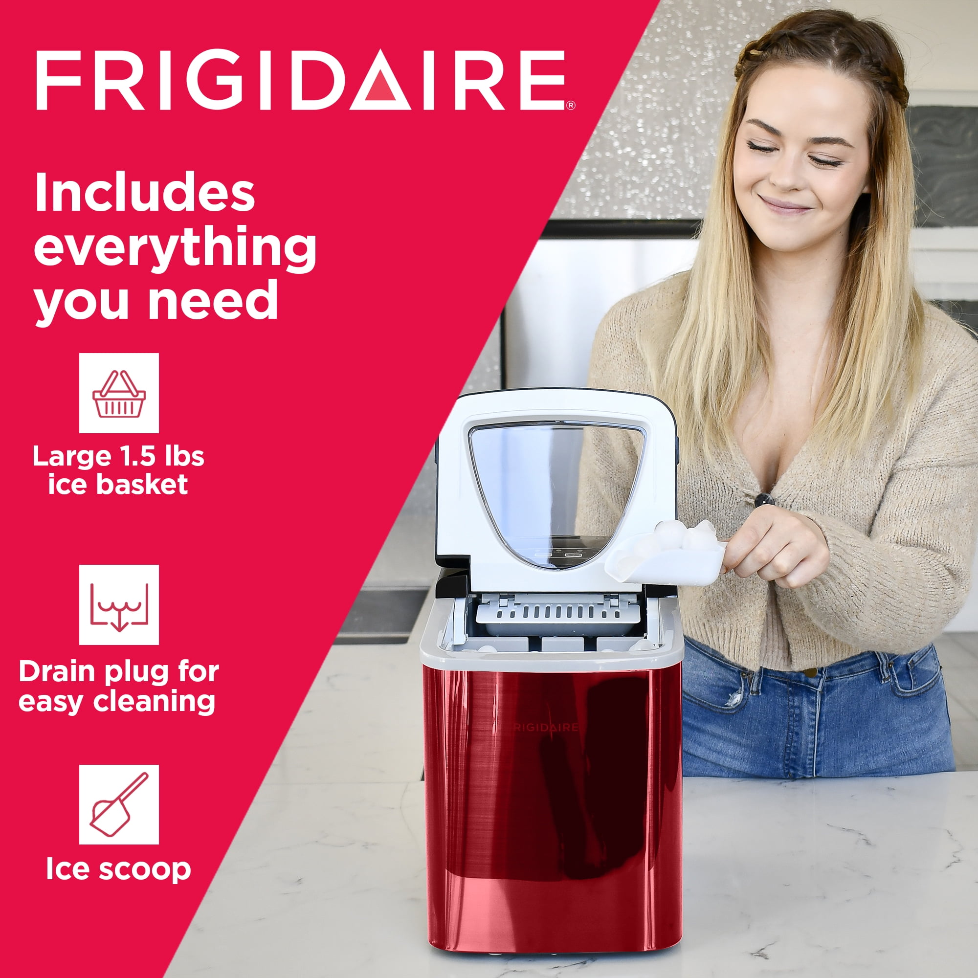 Frigidaire 26 Lbs. Countertop Ice Maker, Bullet Shaped Ice, Red Stainless Steel
