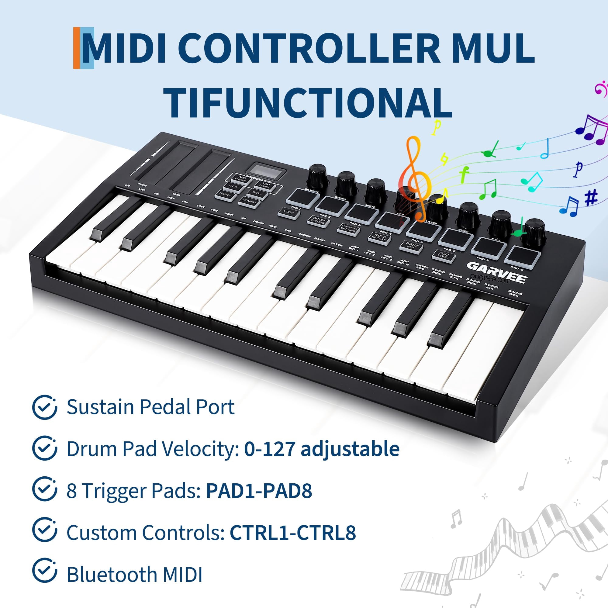 25-Key USB MIDI Keyboard Controller with 8 Pads & Knobs - DAW Integration & OLED Display for Music Production