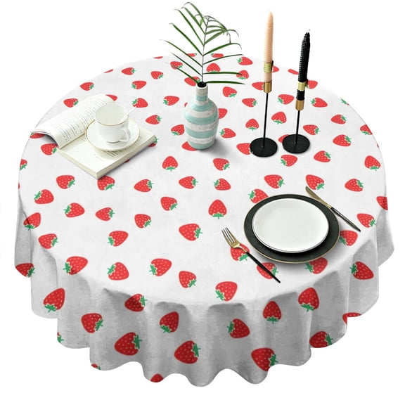 Red Strawberry Plants Fruit White Pattern Round Tablecloth 60"x60",Wrinkle Wipeable Table Cloth for Kitchen Dining Room Picnic Patio Party