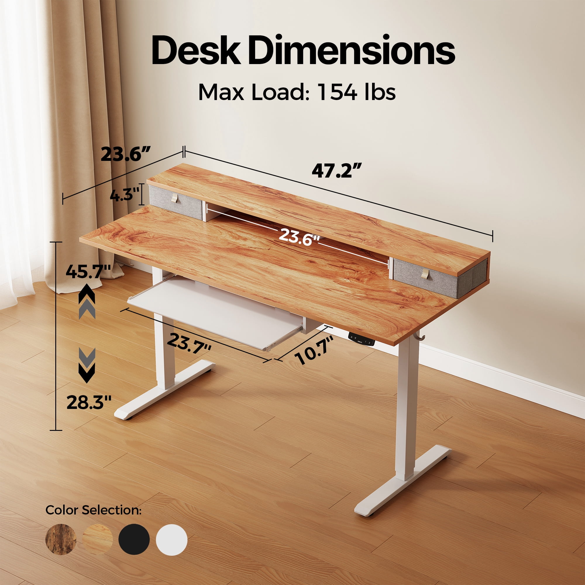 47.2 Inch Electric Standing Desk with 2 Drawers & Keyboard Tray, Adjustable Home Office Desk Ergonomic Sit to Stand Computer Desk with Hooks for Gaming & Work,Light Rustic Brown