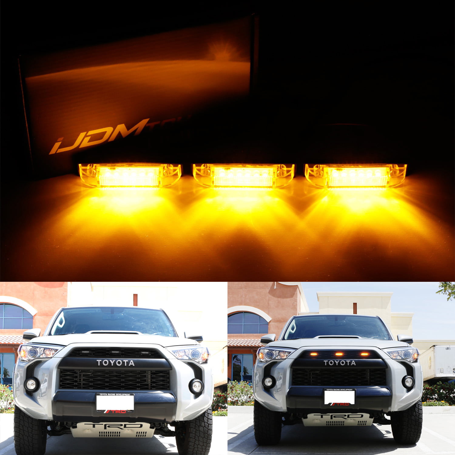 iJDMTOY 3pc Amber LED Center Grille Marker Lights For 2014-up Toyota 4Runner or 2012-up Toyota Tacoma TRD Pro Amber Lens, 6-LED, Come w/Wiring and Hardware