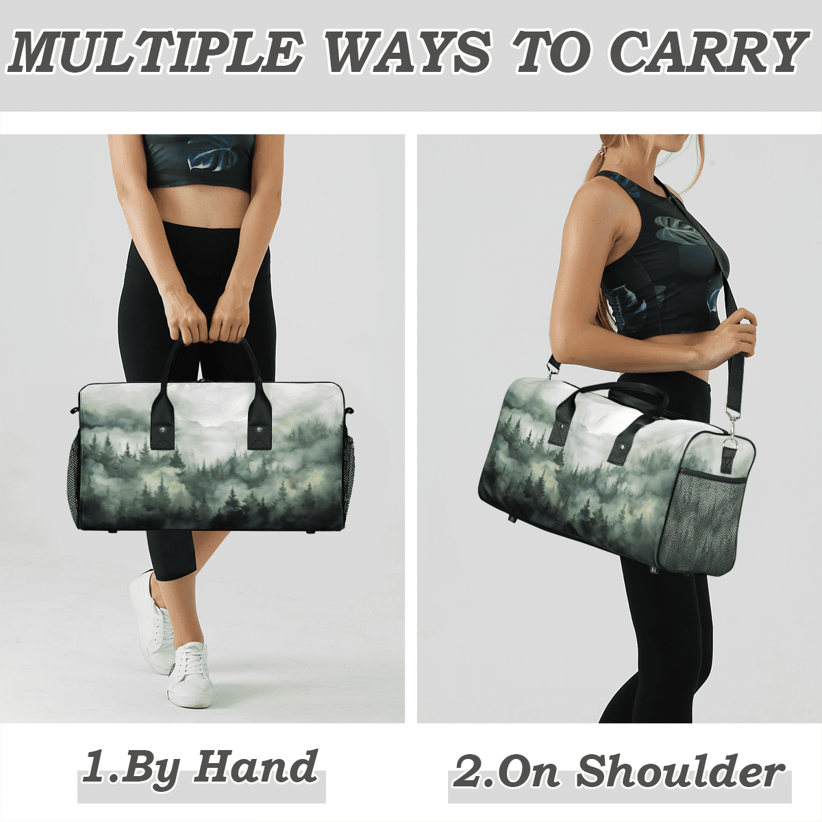 Herdesigns Green Misty Forest Gym Bag for Women Men, Travel Duffle Bag Lightweight Waterproof Carry on Weekender Overnight Tote for Dance Cheer Sport, Mountain Pine Tree