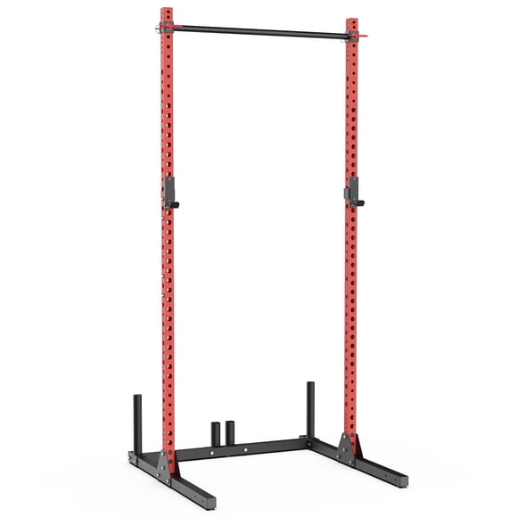 Synergee 2200 Series Squat Rack 750lb Capacity, Adjustable Pull-Up Bar, J-Cups with UHMW, Barbell & Weight Plate Storage – Heavy-Duty Power Rack for Home Gym – Red 97”