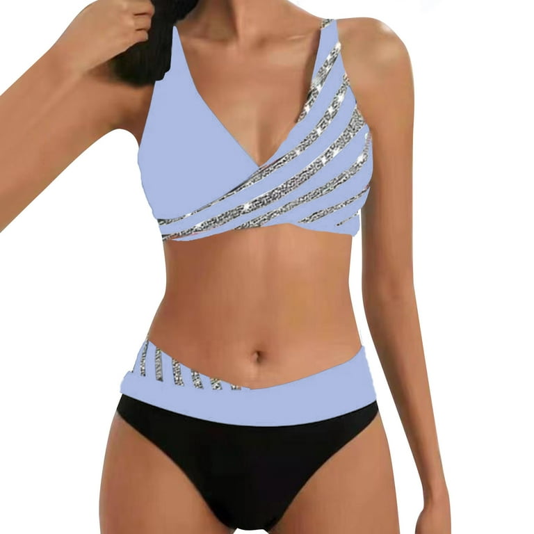 Aayomet Women's 2 Piece Color Block Bikini Set Wireless Swimsuit High Waist  Bathing Suit plus,Dark Blue L