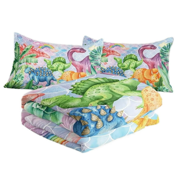 Girls 3 Piece Twin Size Bedding Set - Twin Size - Cute & Colorful Rainbow Dinosaur Bedding Includes Comforter & 2 Shams
