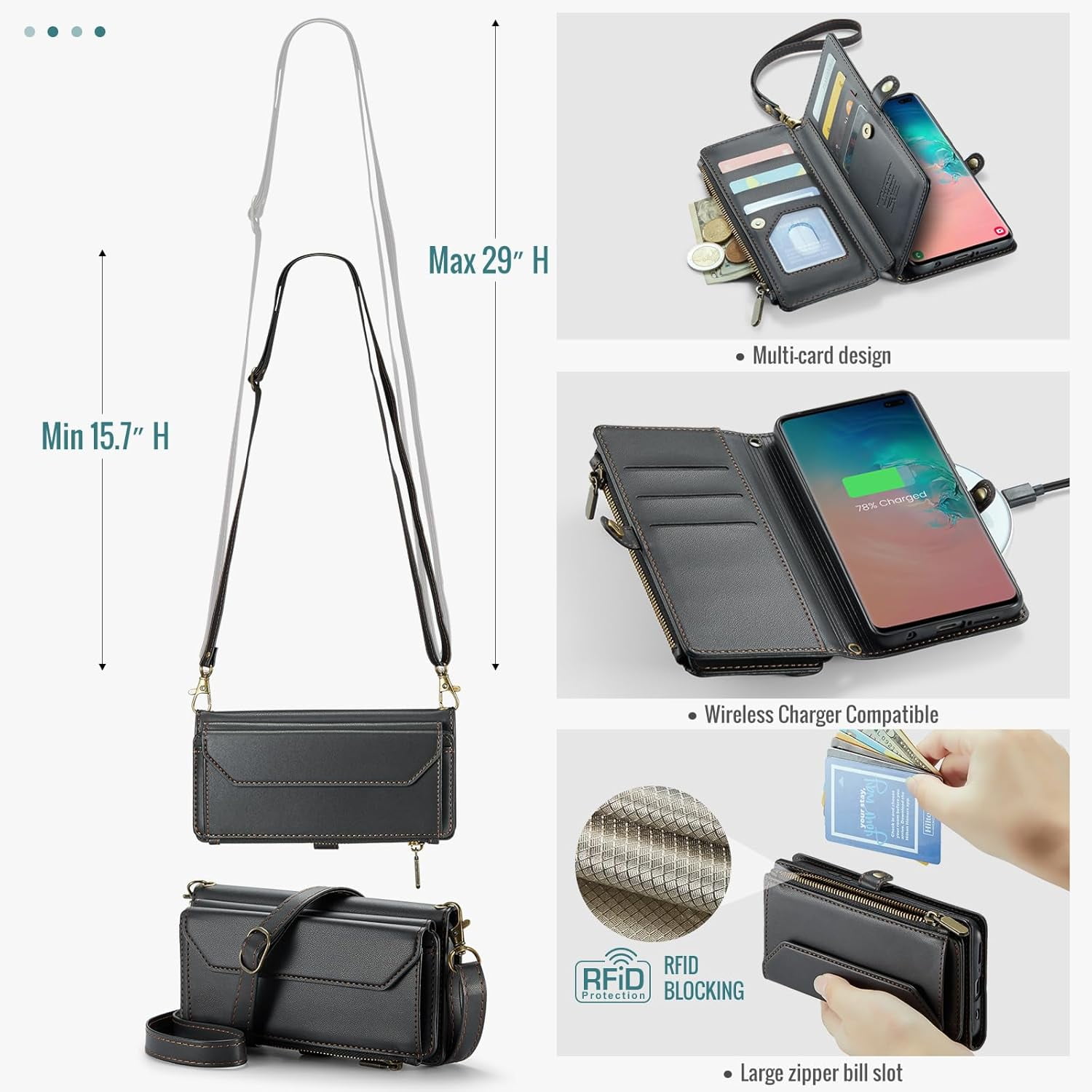 Phone Case for Samsung Galaxy S10 Zipper Wallet Cover with Tempered Glass Screen Protector and Leather Flip RFID Blocking Credit Card Holder Stand Cell S 10 Edge 10S GS10 X10 Women Girls Black