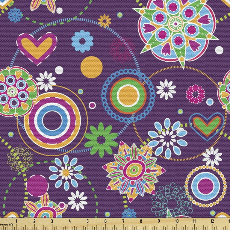 Hippie Fabric by the Yard, Sixties Style Illustration with Peace and Love  Themes Hearts Flowers and Circles, Decorative Upholstery Fabric for Chairs  & Home Accents, 2 Yards, Multicolor by Ambesonne 