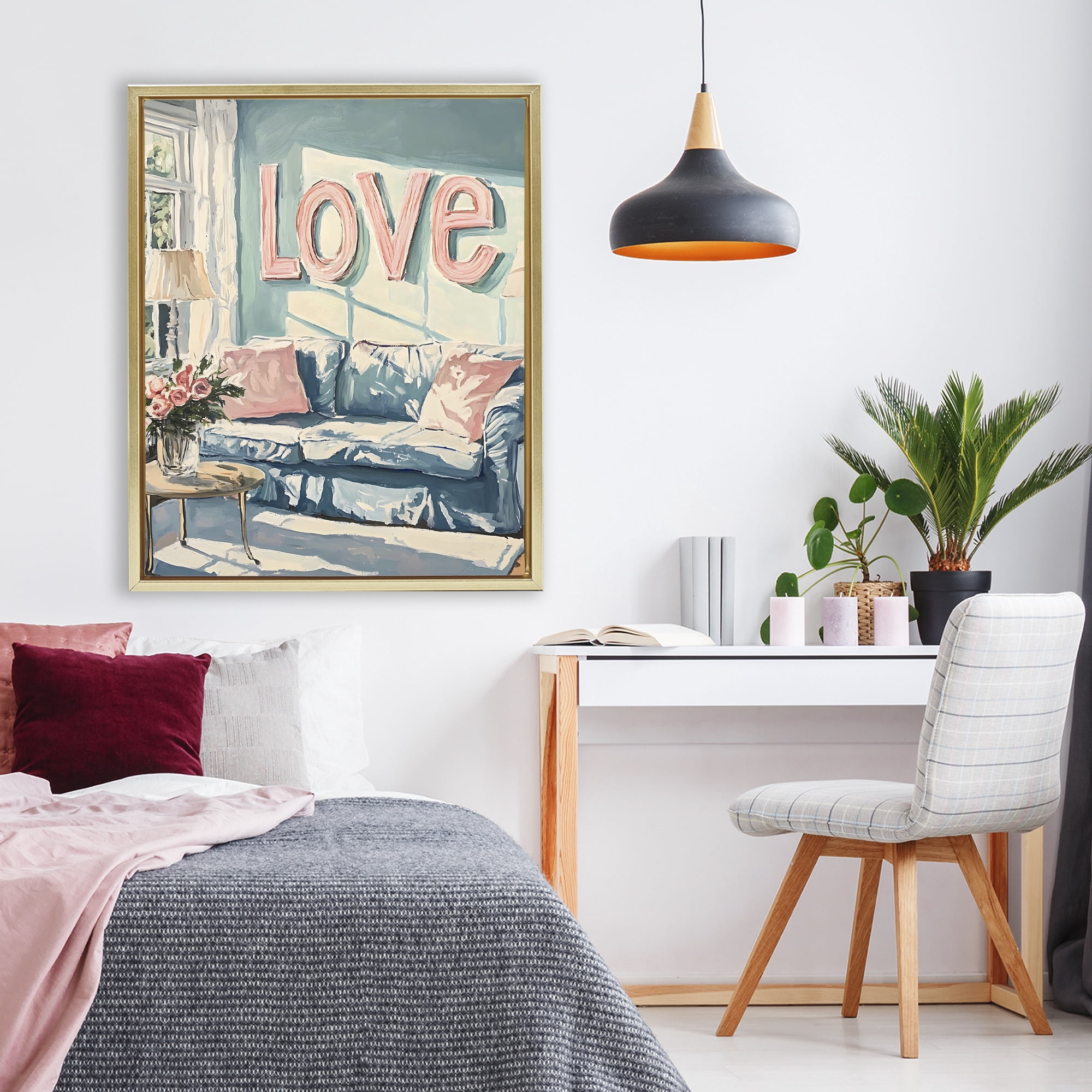 Stupell Industries Love Letters Above Cozy Couch Gold Framed Floater Canvas Wall Art, design by The Prints Vibe