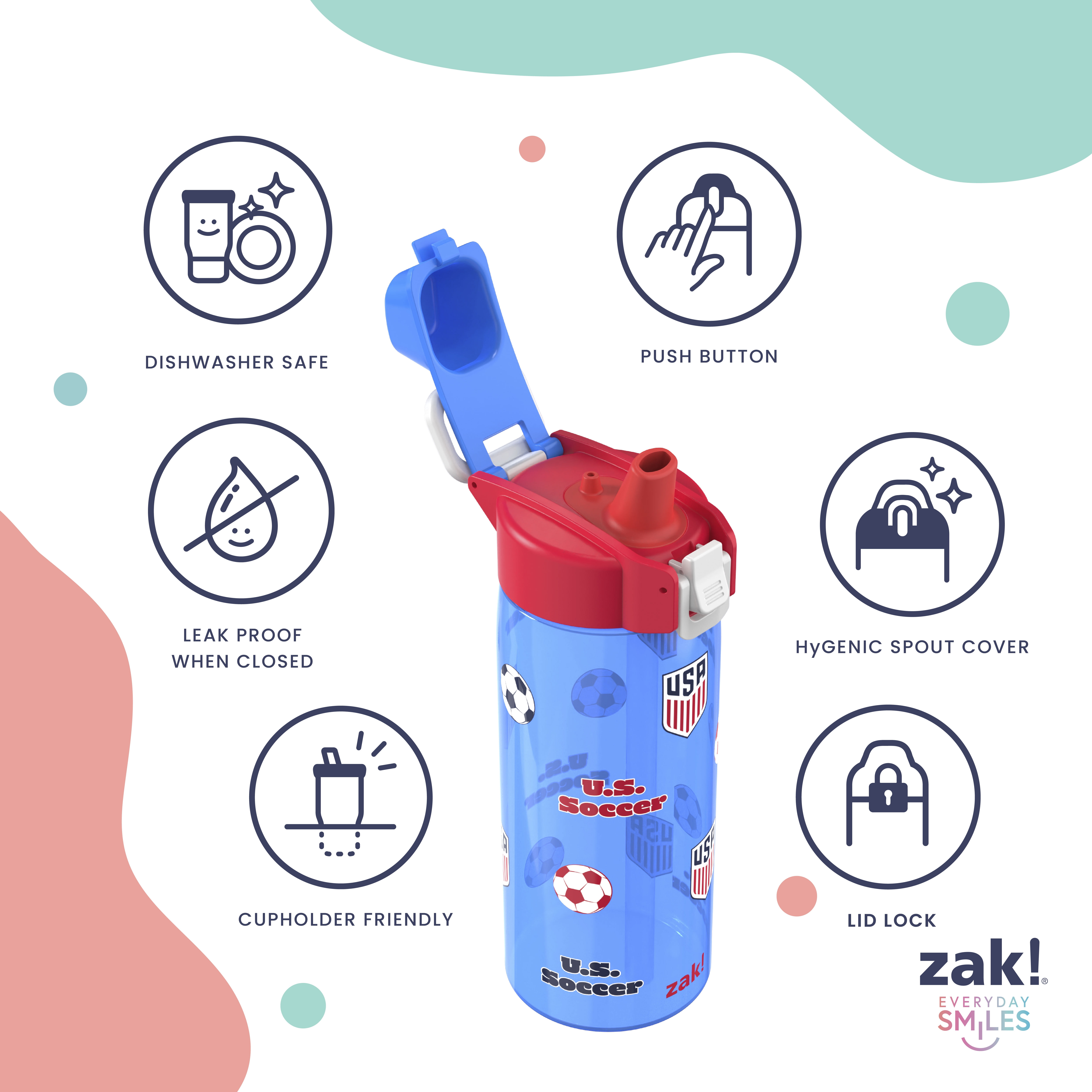Zak Designs US Soccer Jubilation 25oz Durable Plastic Water Bottle with Handle, Blue