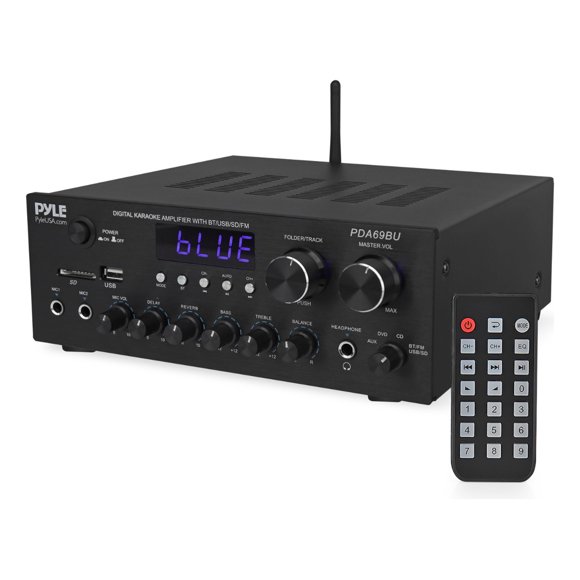 Amplificador Bluetooth Estéreo con Control Remoto Pyle, MP3/USB/SD/Radio FM, Sistema de Sonido HiFi 2.0 con Entradas RCA/Aux, Conectores para Micrófono y Auriculares, Control de Graves Ajustable
