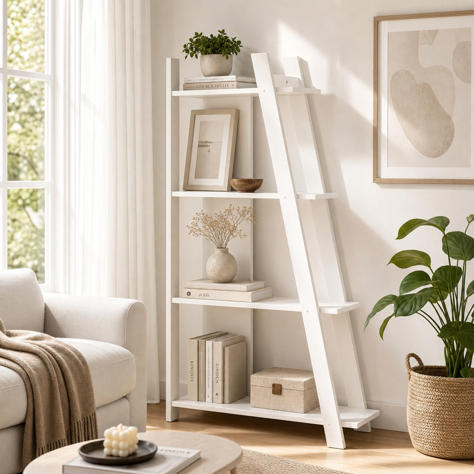 Furnibear 4-Tier Modern Bookshelf Wooden Vertical Display Book Shelf for Small Space for Living Room Home Office Bedroom Display Storage Shelf, White