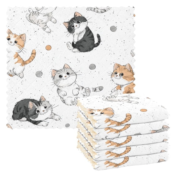 6 Pieces of Kitchen Towels 11x11Inch Kitchen Dish Cloths Kitchen Dish Towels Reuseable Cleaning Cloths Orange Kitten Seamless