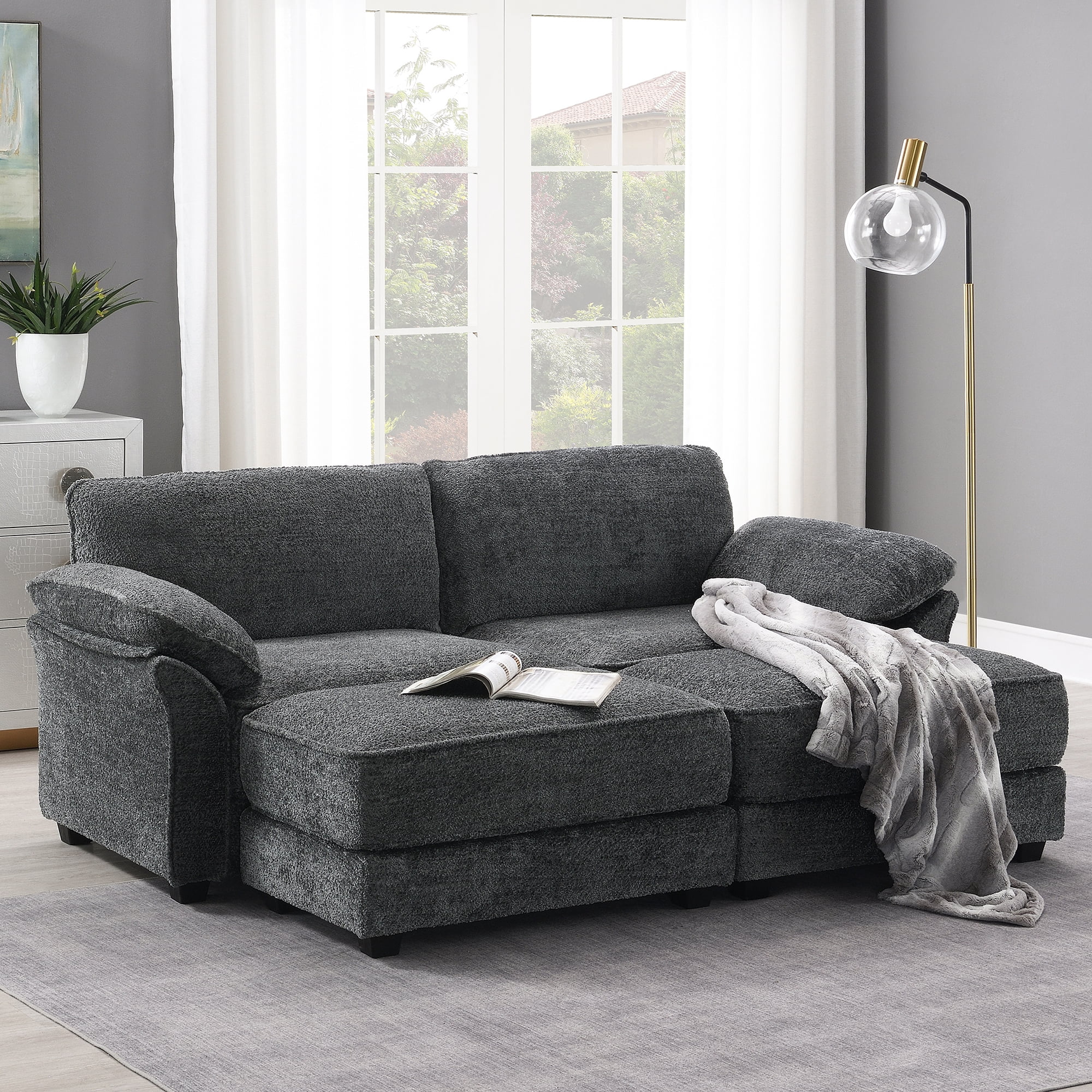 EUROCO 81" Modular Convertible Sectional Sofa Bed Set, Combinational 4 Seat Upholstered Sleeper Corner Couch Deep-Seat Loveseat with Removable Armrest Bag and Ottoman for Living Room, Gray