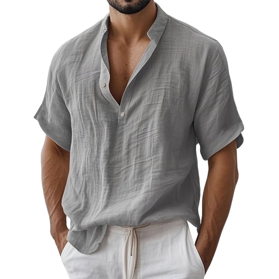 Ecqkame Mens Cotton Linen Shirts Casual Versatile V Neck Button Up Tops Summer Lightweight Beach Vacation T-Shirts Gray XXL