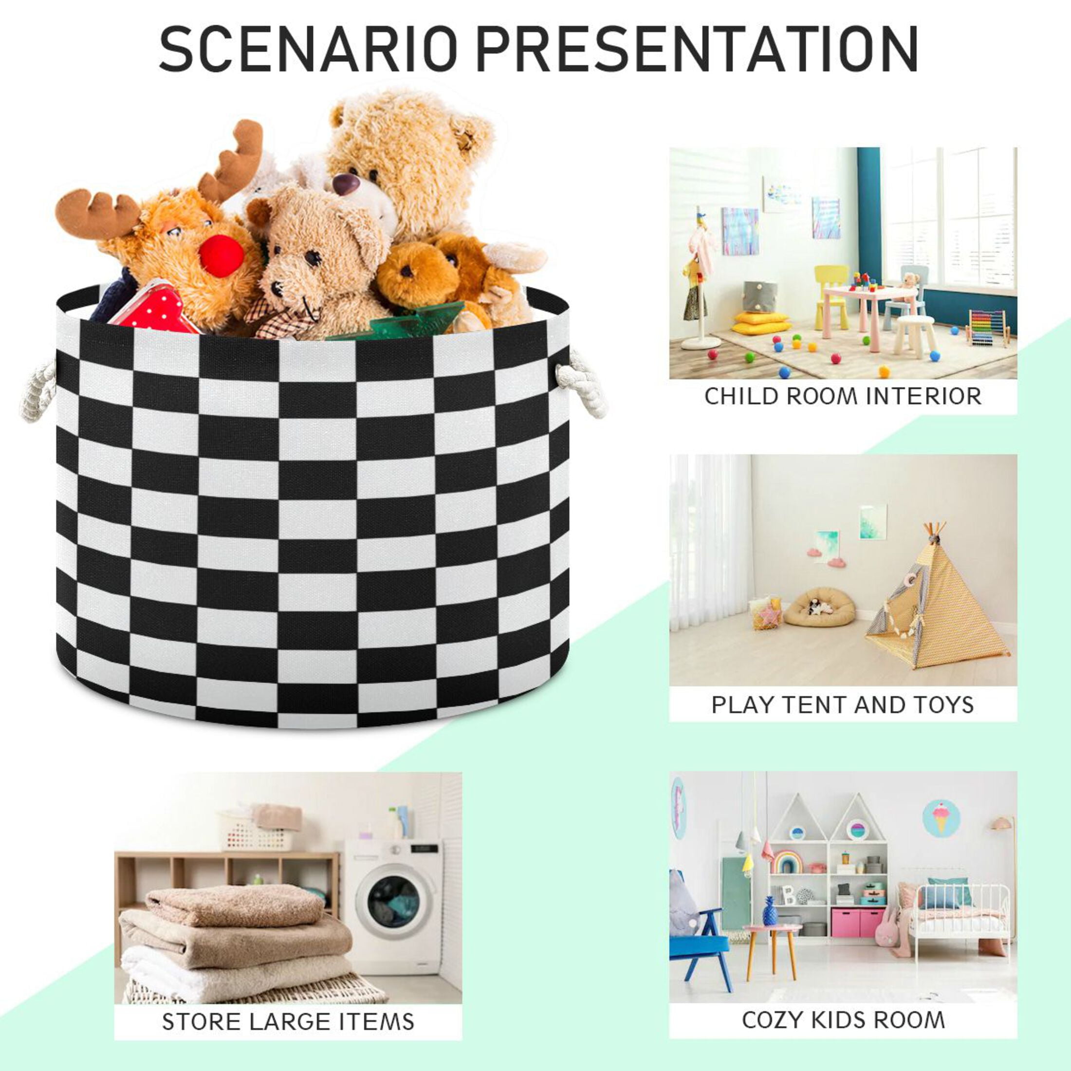 RMDQTR Round Toy Storage Basket Foldable Storage Basket for Home Decor Laundry Basket20" x 14" Classic Black-and-white Checkered Pattern