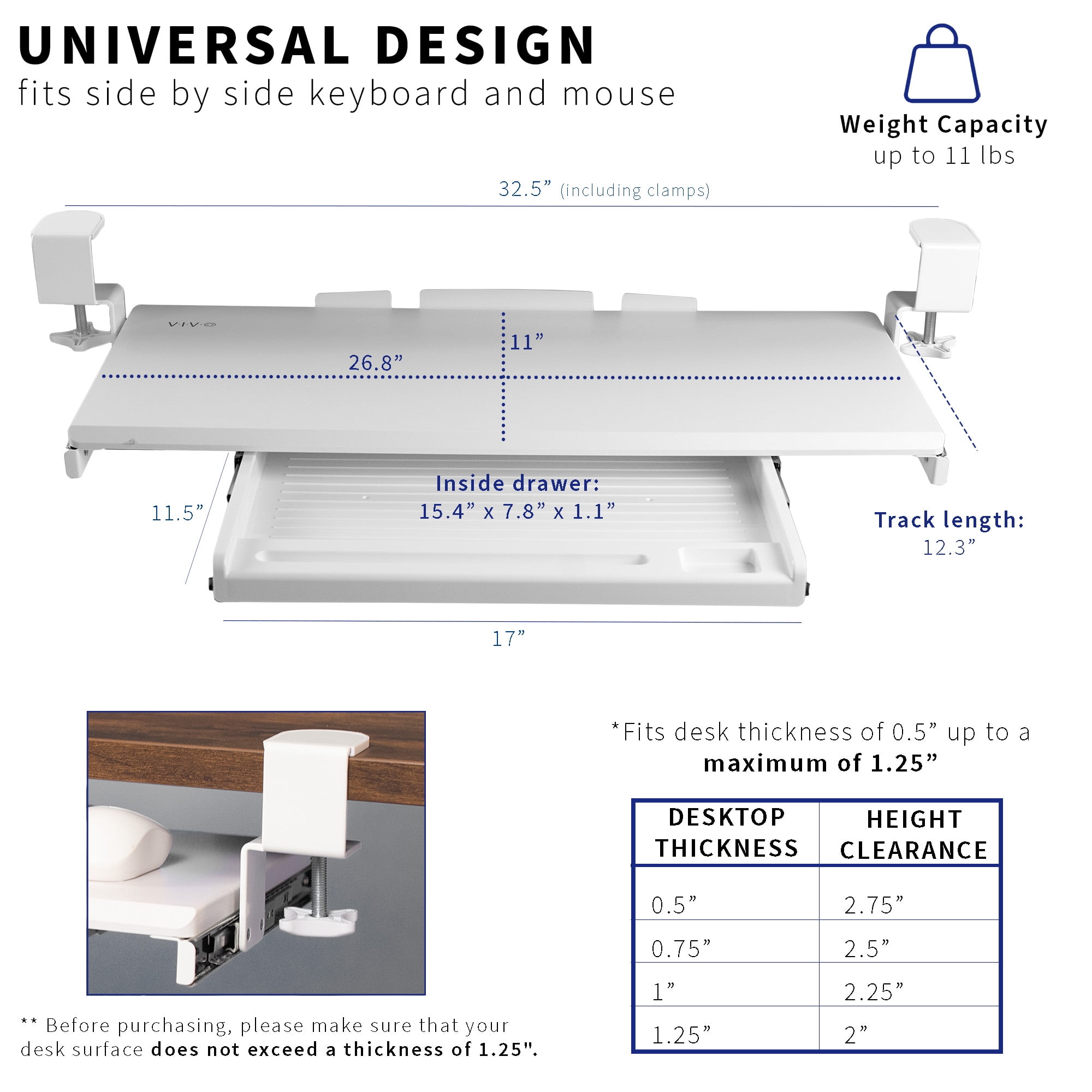 VIVO White Extra Sturdy Clamp-on Computer Keyboard Tray with Pencil Drawer