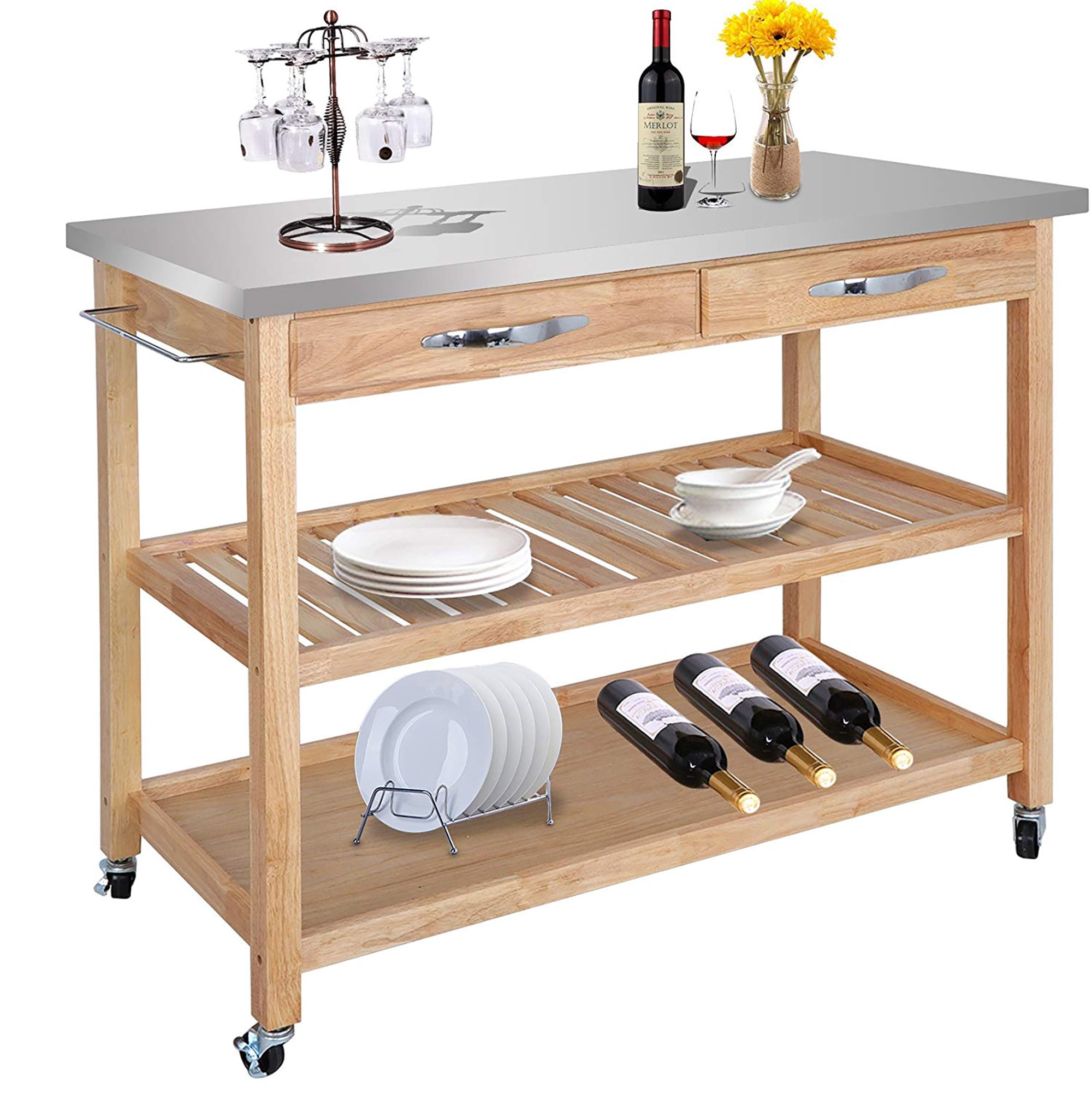 Utility Microwave Oven Stand Storage Rolling Workstation Universal Lockable Casters for Home SDHYL Kitchen Island Serving Cart with Utility Wood Tabletop Restaurant 3-Tier Rolling Storage Cart with 3 Basket Drawers Hotel Office Dining Room 