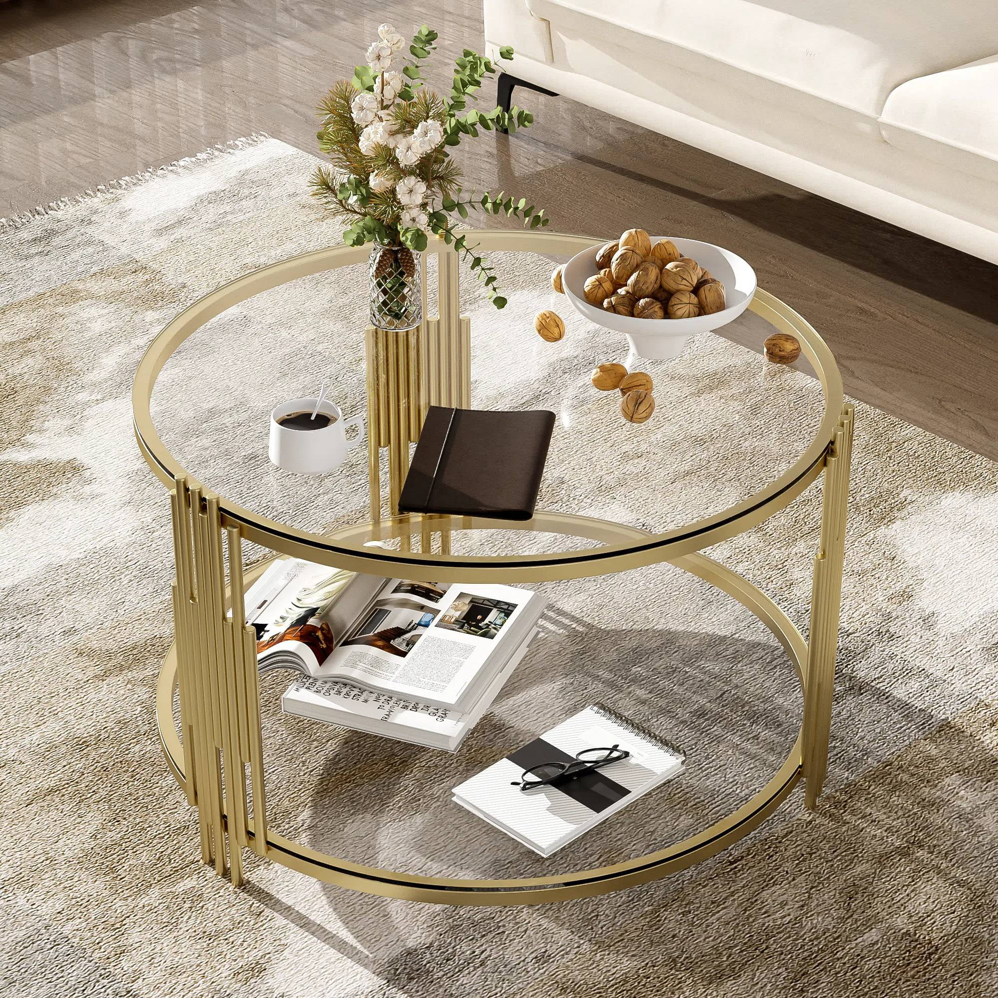EUROCO 31.5" Round Coffee Table,Modern Tempered Glass Tea Table with Metal Base,Gold Finish and Lower Shelf,2 Tier Circle Dining Table for Study Room Reception Room,Transparent
