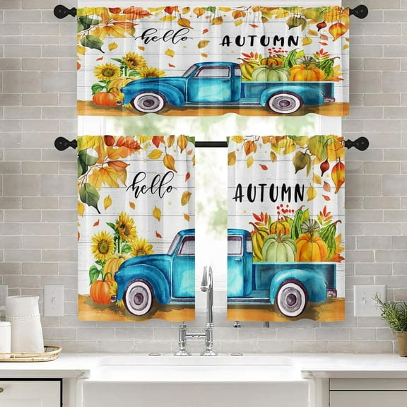 Fall Retro Truck Pumpkin Kitchen Window Curtains Valance and Tier Set 36 Inch, Autumn Vintage Car Thanksgiving 3 Piece Window Treatment Tiers for Living Room Bedroom Kitchen Decor Drapes