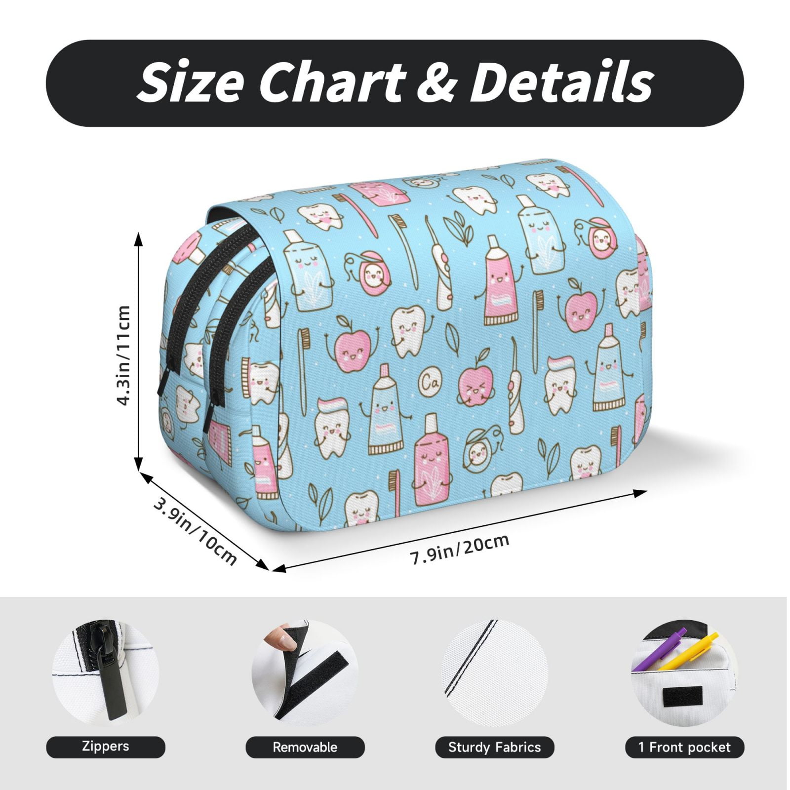 Rateoe Funny Cute Teeth Pattern Double Clamshell Pen Case, Storage Organizer with Two Zipper Compartments– Holds Up to 50 Pencils & Pens