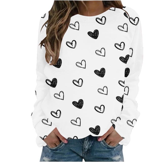 Diufon Hauts de la Saint-Valentin pour Femmes à Manches Longues Col Rond Chandail Décontracté Tendance Mignon Imprimé Graphique Blouse
