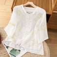 thumbnail image 2 of Top de lino bordado con temperamento femenino para mujer - Manga media, botones retro, blusa informal de verano, 2 of 4