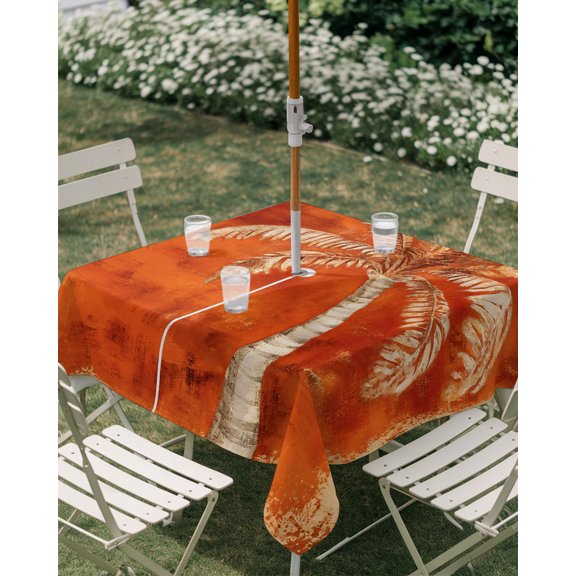 Outdoor Tablecloth with Umbrella Hole, Summer Beach Palm Tree Zippered Table Cloth for Rectangle Tables, Vintage Ombre Orange Washable Waterproof Tablecloths for Picnic Patio Garden