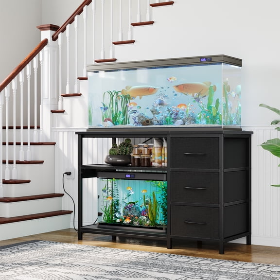 55-75 Gallon Aquarium Stand for Fish & Reptile, Heavy Duty Fish & Reptile Tanks with Built-in Drawers & Shelves, LED Light, Power Outlet & USB, Black
