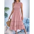 thumbnail image 6 of Women'S Ruffle Trim Flutter Sleeve Midi Dress Pleated Crew Neck Tiered Smocked Flowy Dresses Pink XL, 6 of 10