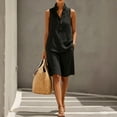 thumbnail image 2 of Women's Cotton Linen Outfit Stand Collar Sleeveless Henley Top Knee Length Bermuda Shorts Casual Set Black S, 2 of 4
